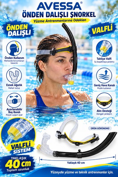 AVESSA Önden Dalış Şnorkeli - Valfli Teknoloji - 40 CM - Ayarlanabilir Bantlı...