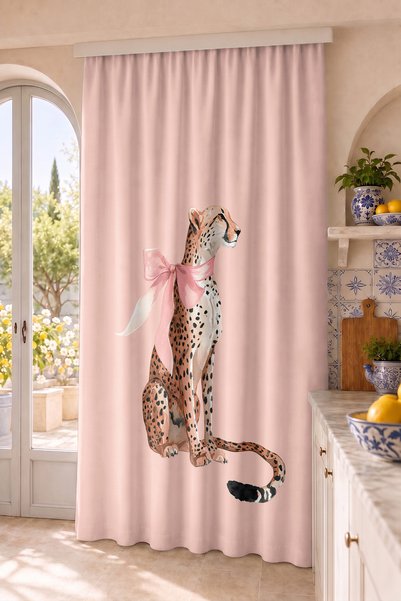 Home Pembe Fiyonklu Leopar Figürlü Dijital Baskılı Tek Kanat Fon Perde (Kırle...