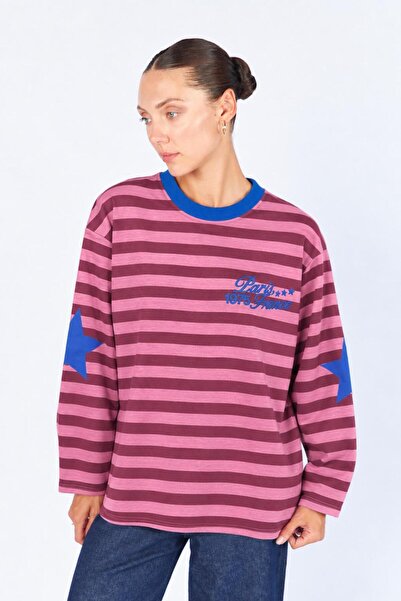 TENA Women's Dusty Rose Crew Neck Sleeves Star Printed Text Striped Sweatshirt