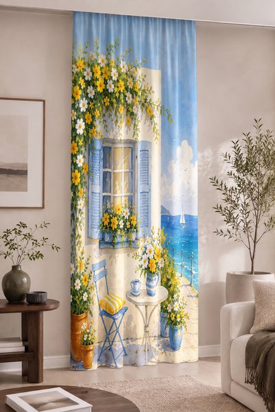 Home Deniz Manzaralı Çiçekli Pencere ve Masa Desenli Dijital Baskılı Tek Kana...