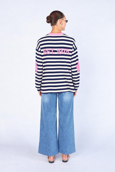 TENA Hanorac de damă, albastru marin, cu gât tip crewneck, cu mâneci, cu imprimeu stele și text, în dungi