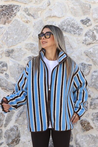 bytugcekaya Blue Striped Standard Size Zippered Plush Jacket