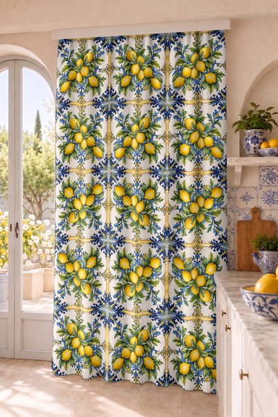 Home Çini Limon Desenli Akdeniz Stil Dijital Baskılı Tek Kanat Fon Perde (Kır...