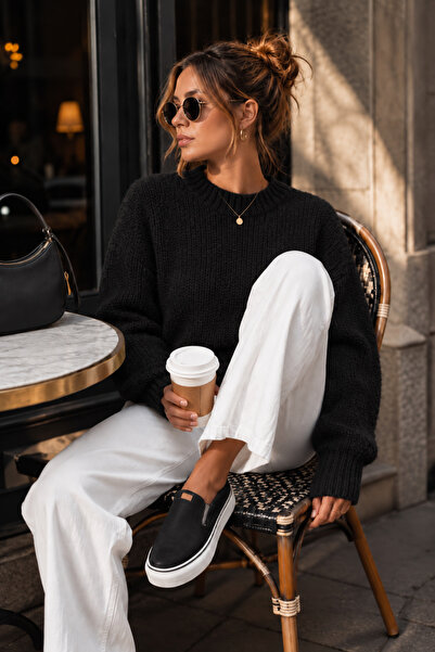 Mixray 6701 Women's Soft Textured Crew Neck Oversize Knitwear Sweater Black