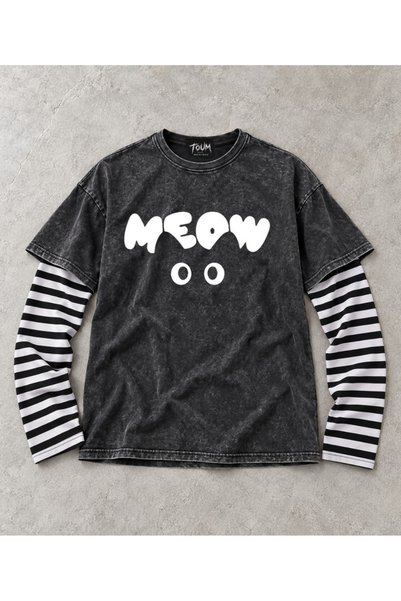Toum تي شيرت مطبوع عليه Cat Meow بأكمام مخططة للجنسين وقابل للغسل بتصميم عتيق...