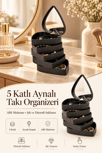 Poomy 5 Katlı Kalp Şekilli Aynalı Takı Organizeri Mücevher Kutusu Döner Tasar...