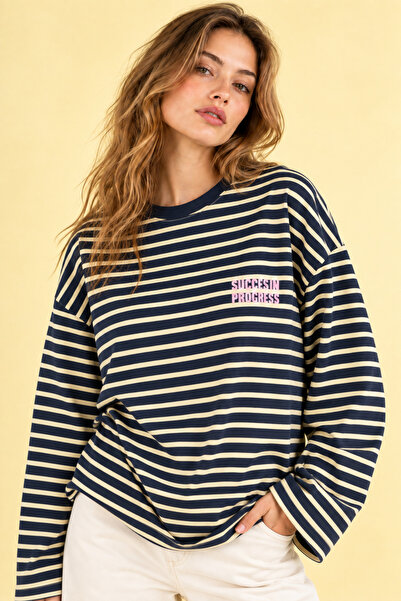 Miss Allos Women's 100% Cotton Striped Oversize Long Sleeve T-Shirt Navy Blue Yellow