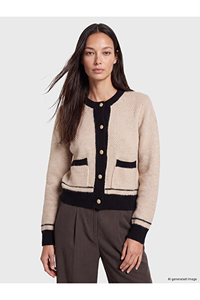 LC Waikiki Alita City Beige Knitwear Striped Women's Cardigan with a Difference