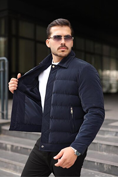 Vesli Men's Premium Nova Fabric Shirt Collar Navy Blue Winter Puffer Coat