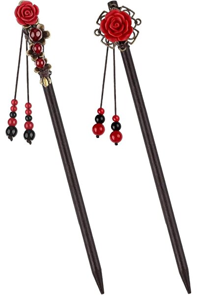 GENERAL 2 Pcs Vintage Wooden Hair Sticks Set, Red Rose & Beaded Tassel Decor ...