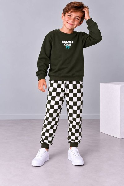 YİGİT BUTİK Boy's Big Smile Club Letter Printed Top and Checkered Pants Set