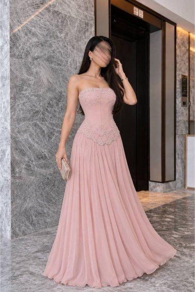 Calissa Store Women's Pink Nude Off Shoulder Corset Pearl Beaded Evening Dress with Long Chiffon Skirt Luxury
