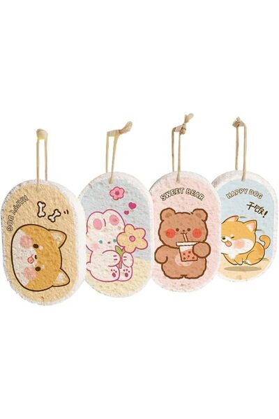 GENERAL Cartoon Dish Sponges 4 Pack, Wood Pulp Cellulose Kitchen Scrubbers