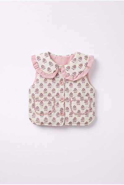 Magu Girl's Floral Patterned Ruffle Collar Quilted Vest