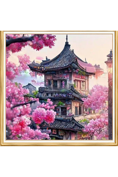 LİVA CRAFT Art & Craft Elmas Boyama Puzzle Kit, Kiraz Çiçekleri Arasında Kadim Mimari 30x30 cm Mozaik