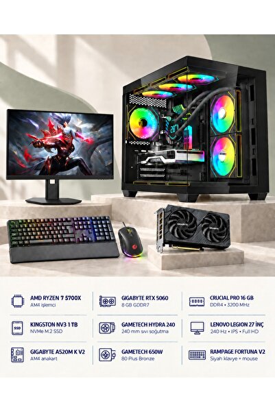Ryzen 7 5700X RTX 5060 8GB 16GB RAM 1TB SSD 240mm Sıvı Soğutmalı 27" Monitörlü Large Kasa