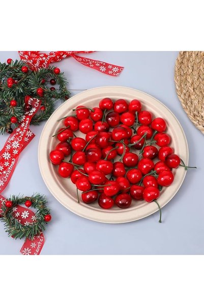 Generic 50 قطعة من الكرز الاصطناعي، زينة فواكه صناعية، نموذج كرز واقعي للديكور، أحمر اللون