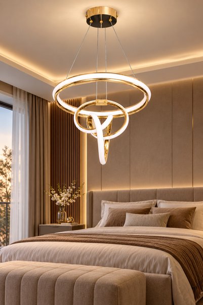 Ulucam Aydınlatma Su Yolu Çemberli İmza Gold 3 Renk LED Avize Modern Salon Ay...