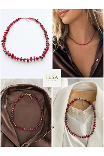 ILSA Garnet Natural Stone Necklace - Red Garnet Stone, Detailed with Sand Beads |   Melograno