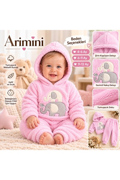 Arı Bebe Winter Baby Girl Hooded Welsoft Elephant Embroidered 2-Piece Set