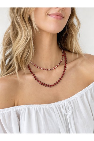 ILSA Garnet and Sand Bead Necklace Set - Red Garnet Stone, Double Layer Combination |   Melograno Set