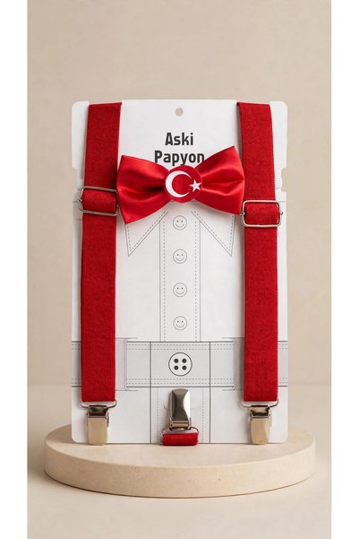 Seko Dizayn Çocuk Kırmızı Ayyıldızlı Askı Papyon 1-14 Yaş Askı Papyon Seti