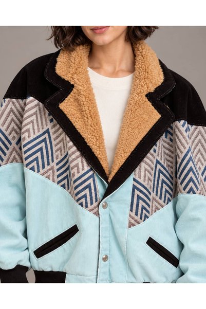 CANMODA (8078) معطف Recien للجنسين بياقة من الفرو بتصميم عتيق على طراز الأزتيك، مقاس كبير، ملائم للمقاسات الصغيرة/المتوسطة، من طراز التسعينات
