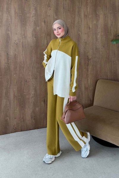 Şule Giyim Bero Garnili Zippered Suit in Oil Green