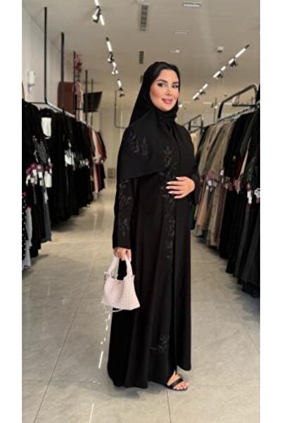 dar laha abaya عباية D6014 - بقماش كريب ملكي بتطريز انيق اوراق - اسود