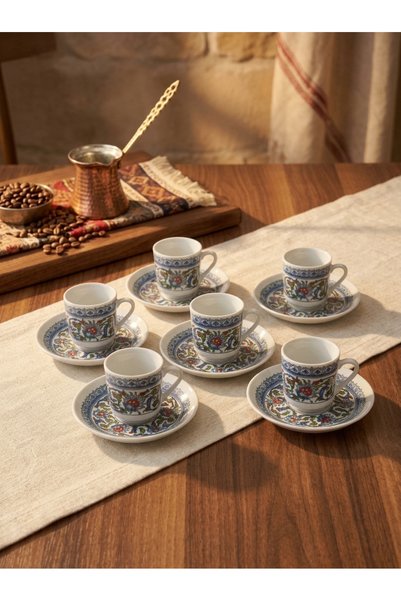 Generic Brand ACAR Turkish Coffee and Espresso Cup and Saucer Set, Traditional Ottoman Design, Porcelain, Made in Türkiye, Set of 6