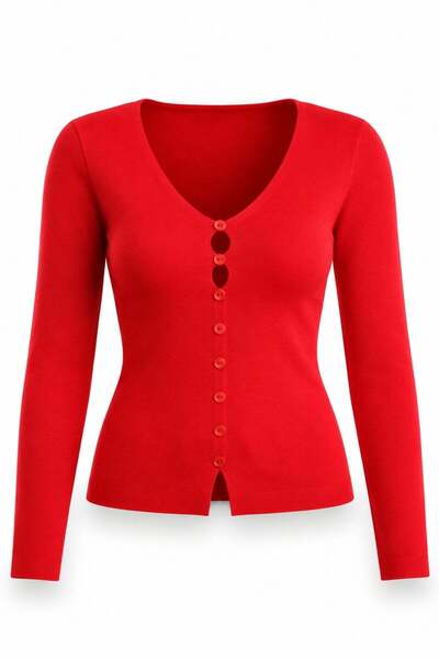 5in1Canpolat Red Ornamental Buttoned V-Neck Knitwear 6603