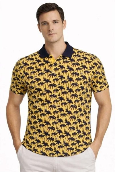Generic Brand Men's Pique Fabric Polo Collar Palm Patterned T-Shirt Short Sle...