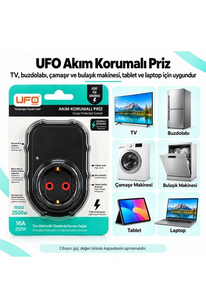 UFO Yeni Tekli Akım Korumalı fiş Priz topraklı 16A (Siyah)akım koruma devreli 1.sınıf kaliteli akım ve şok korumalı priz (Aşırı yük koruma prizi ) SURGE PROTECTED 3500 Watt