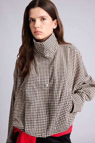 DeFacto Balloon Fit Gingham Patterned Stand Collar Jacket I6748Ax26Au