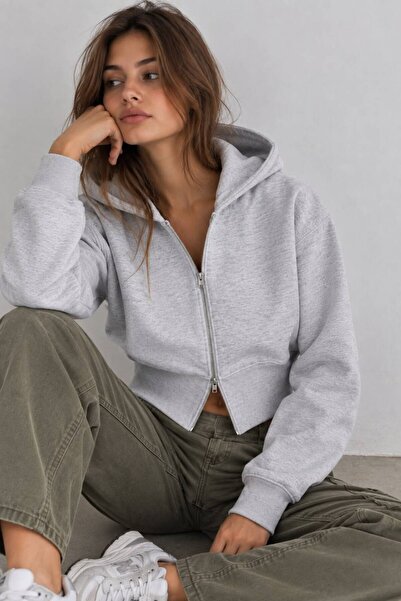 trendgar Gri Çift yönlü fermuar Detaylı Kapüşonlu sweatshirt