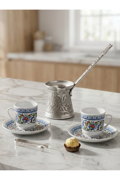 Generic Brand ACAR Turkish Coffee Set for 2 | 2 Porcelain Cups & Saucers with Decorative Turkish Coffee Pot | Traditional Ottoman Design