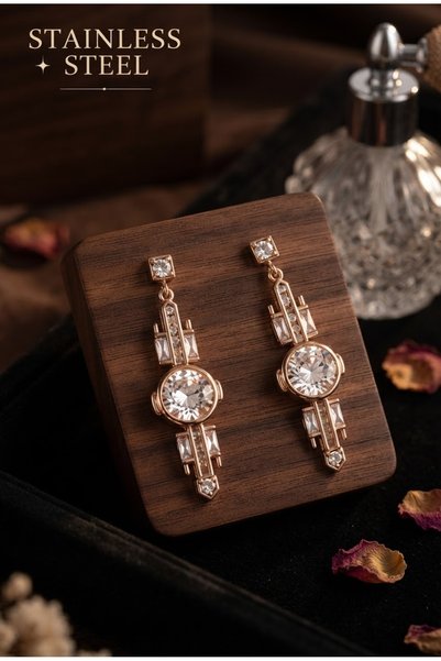 stainless steell Rose Color Zircon Stone Geometric Dangle Steel Earrings