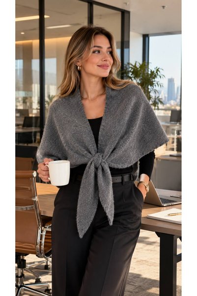 HAZAL KAYA ATELIER Anthracite Soft Textured Knitwear Triangular Women's Shoul...