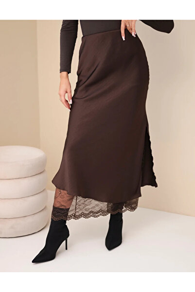 Kesi Fustă de damă midi din satin cu dantelă, talie elastică, elegantă, maro