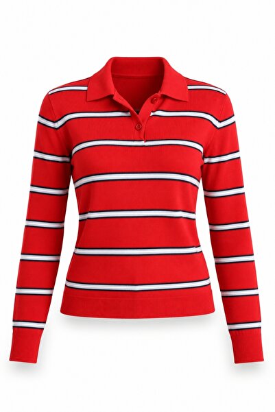 5in1Canpolat Red Striped Polo Collar Sweater 140714