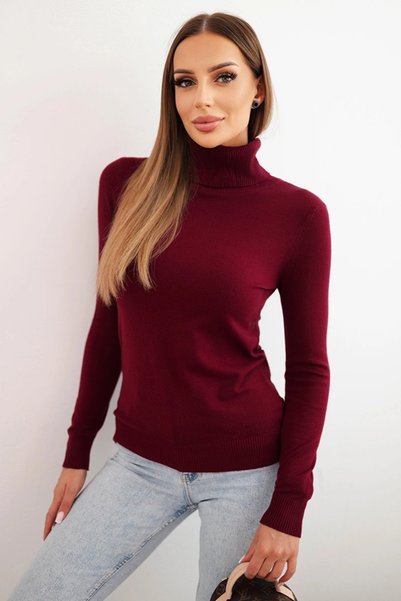 Kesi Pulover de damă clasic, vișincios, cu guler înalt, bordeaux - Moale, ela...