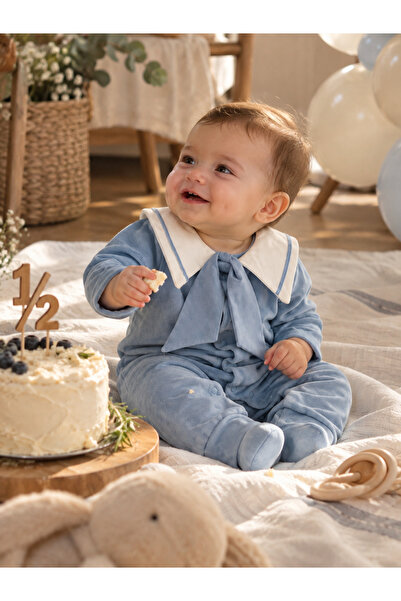 OMECA Concept Bebek Mavi Kadife Tulum Denizci Yaka Fiyonk Detaylı