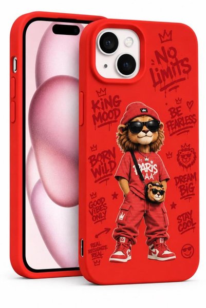 3GEN CASE iPhone 15 Uyumlu Sevimli Aslan Grafiti Desenli Premium İçi Kadife K...