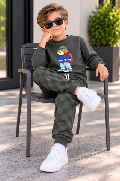 ANKANOVA Boy's 2-Thread Fabric Teddy Bear Patterned Casual Stylish Tracksuit Top and Bottom Set