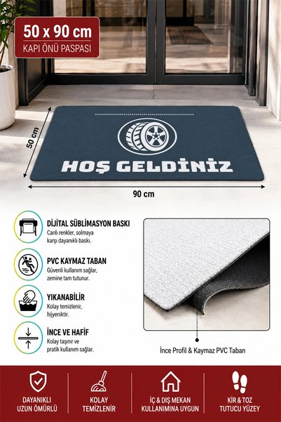 Valerine Life Kapı Önü Paspası 50x90cm Dijital Baskı Kaymaz Kişiye Firmaya Özel Oto Lastikçi