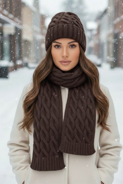 GİYU SHOP Set de eșarfă și căciulă din lână pentru femei, pentru iarnă