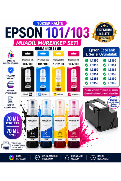 ORATEK Epson L3354 Uyumlu 103 İthal Muadil Mürekkep Seti 4 Renk 70 ml Siyah 7...