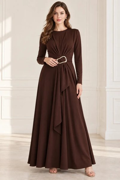 hazelin Women's Coffee Color Crew Neck Buckle Draped Long Sleeve Dress Hzl28W-Wm572