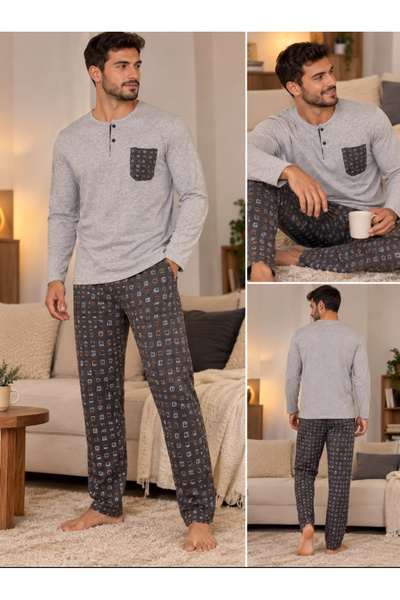LNMC 100% Cotton Men's Pajama Set Gray Smoked Patterned Long Sleeve Comfortab...