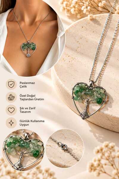 Generic Brand Steel Natural Stone Heart Framed Tree of Life Necklace